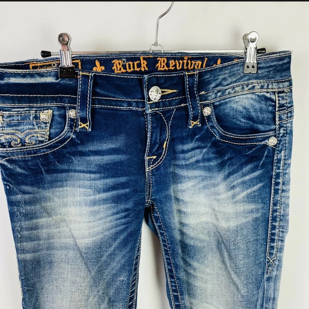 Rock Revival Size 27 Distressed Acid Wash Low Rise Skinny Jeans 33W x 33L - Picture 2 of 10